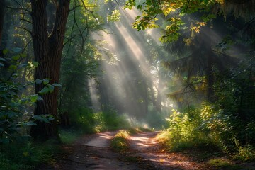Fototapeta premium Morning in the autumn forest with sunbeams