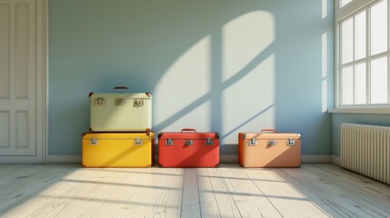 A set of colorful suitcases is neatly aligned on a wooden floor in a sunlit room. The soft shadows and natural light highlight the room's warm and inviting atmosphere, ideal for travel preparation.