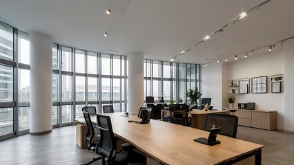 Interior design office white themed, modern company office design, panoramic windows and furniture around