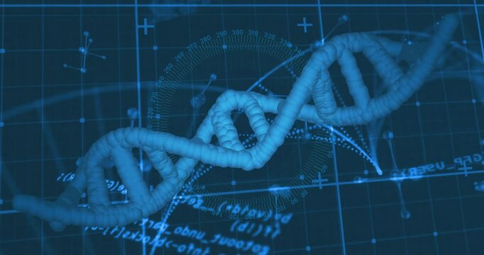 DNA strand and scientific data processing animation over blue grid background - Powered by Adobe