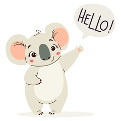 Flat vector illustration in children's style. Cute koala cub waving his paw on white background. Speech bubble and lettering hello. . Vector illustration