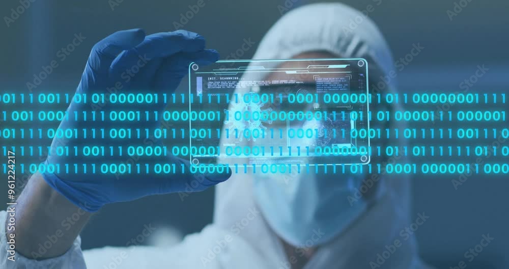 Poster scientist in protective gear examining digital data animation over binary code