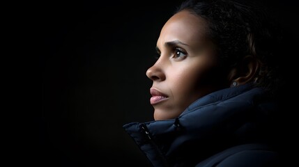 Woman Looking Up Hopeful  Profile  Dramatic Lighting  Black Background