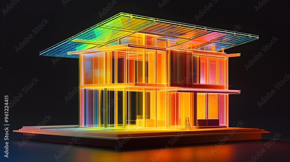 Poster holographic visualization showcasing the step by step construction process of an energy efficient en