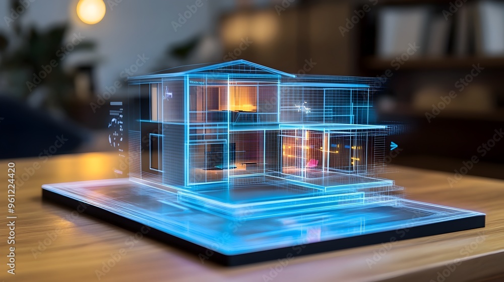 Poster holographic projection of an interactive floor plan displaying the design of a futuristic intelligen