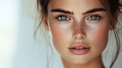 Naklejka premium Close-up portrait of a young woman with freckles and blue eyes