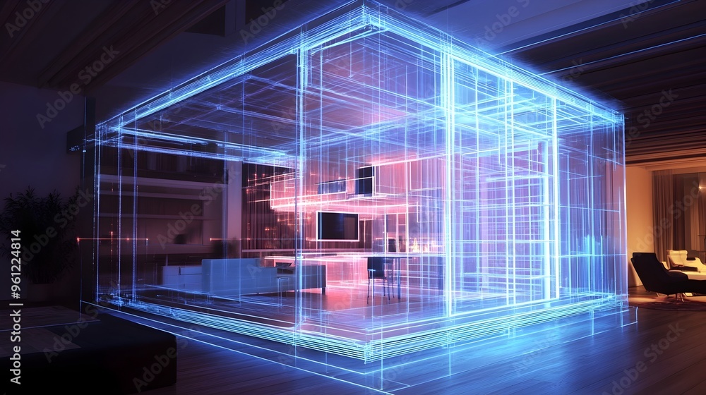 Poster a photograph of a hologram displaying the structural framework of a high tech futuristic home with r