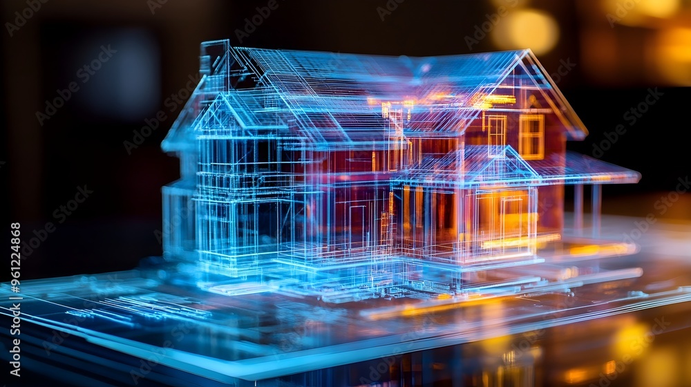 Poster holographic time lapse visualization of residential construction project from foundation to finished