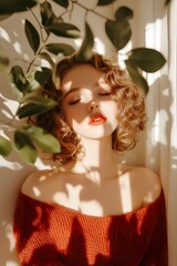 Woman with Curly Hair  Sunlight  Red Sweater  Green Leaves  Shadows  Aesthetic