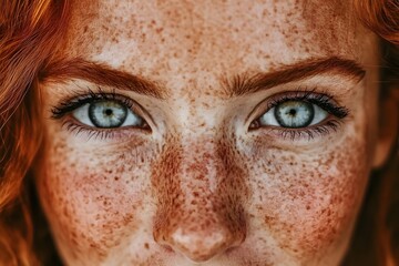 Closeup of Woman s Face with Freckles and Blue Eyes