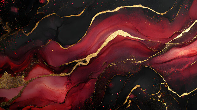 Abstract luxury red marble background with golden lines, liquid alcohol ink effect, dark colors of red and black, dark grey and gold, dark background.