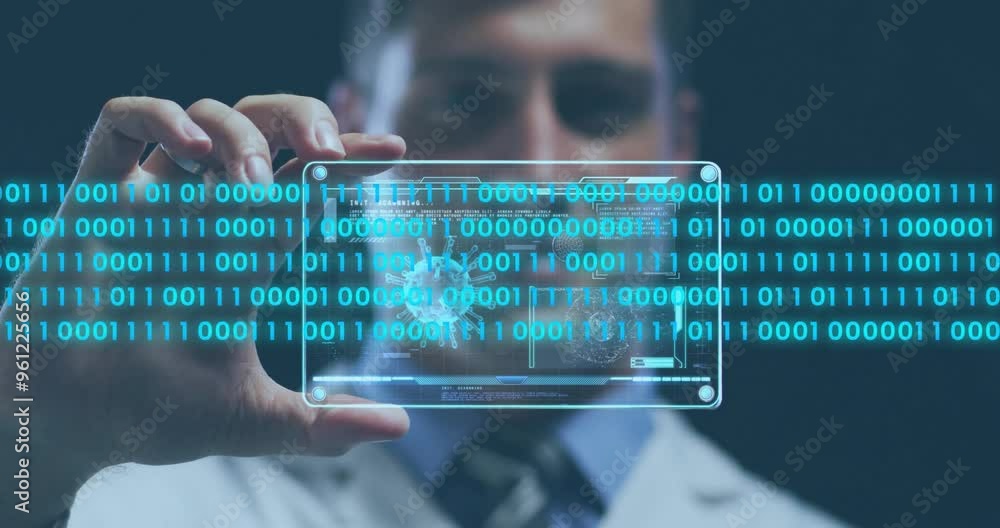 Poster holding transparent tablet, person viewing binary code and digital data animation