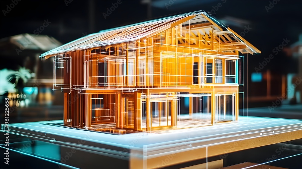 Poster holographic display showcasing the use of prefabricated construction components for efficient and in