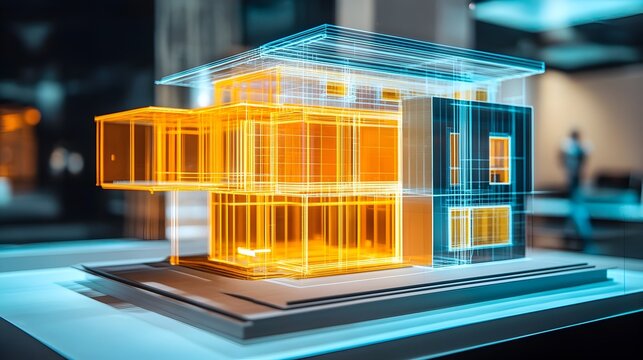 Holographic projection showcasing the use of prefabricated modular components in the efficient and innovative construction of modern homes and buildings