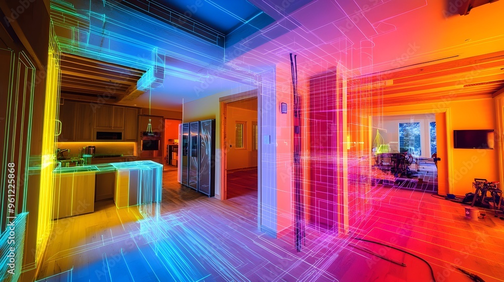 Poster holographic projection showcasing the installation of insulation and energy saving systems in a mode