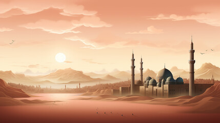 generated illustration of Ramadan Kareem mosque ,minimalist of a mosque against the backdrop.