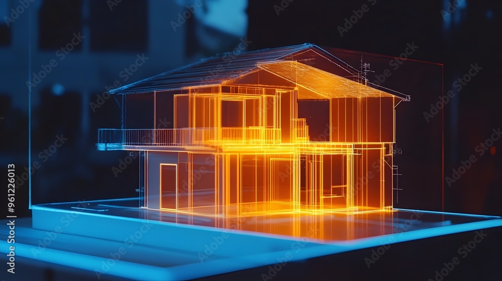 Poster holographic display showcasing the use of prefabricated components in modern sustainable house const