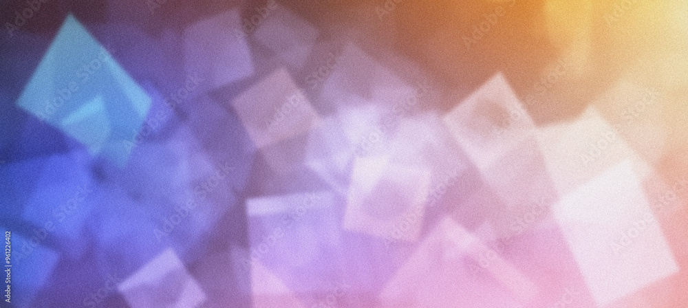 Poster vintage style abstract background with grainy texture and floating blurred squares in soft focus