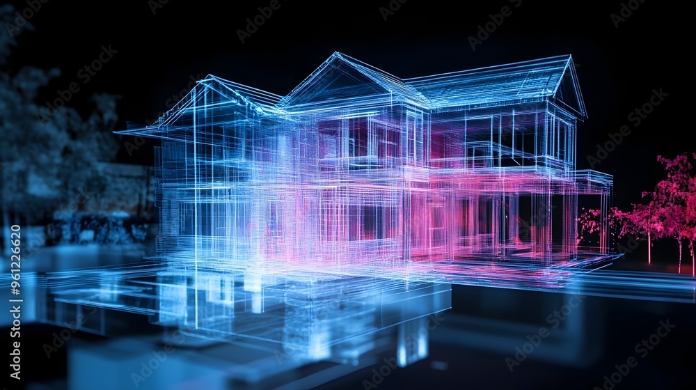 Poster holographic analysis providing detailed data visualization of a home s structural integrity and cons