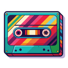 Flat vector illustration of a retro cassette tape with vibrant colors