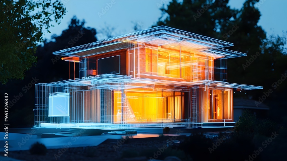 Aufkleber holographic display showcasing the construction and expandable design of a modern modular home with 