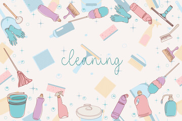  Background of cleaning equipment. Cleaning tools in one line. Vector illustration
