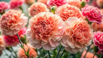 A tantalizing image of coral-hued carnations rises like a pillar, showcasing soft pink hues that dance across the frame with delicate charm.