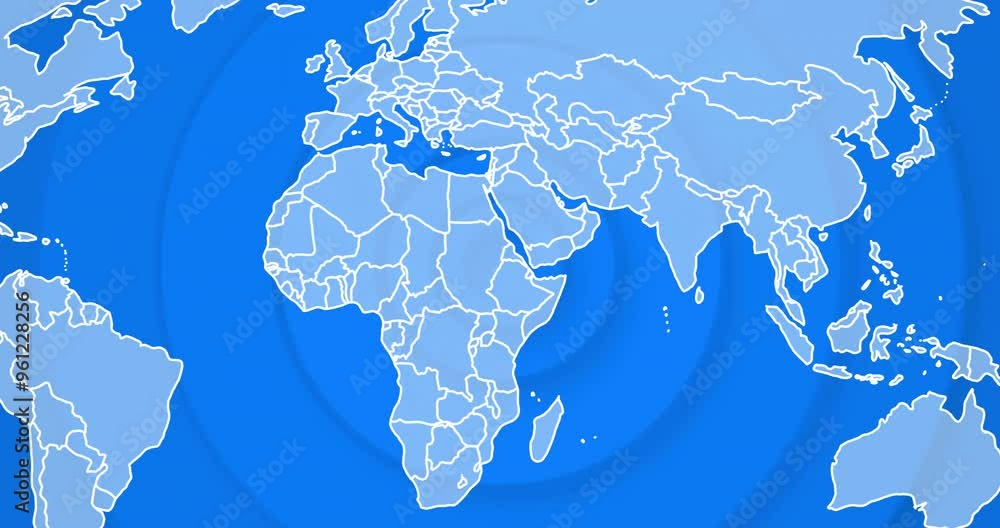 Poster world map animation with country borders over blue background with concentric circles