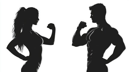 Silhouettes of a man and woman flexing muscles in a gym setting