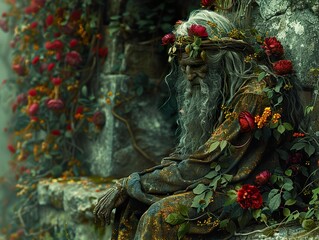 Obraz premium A wise, elderly man with a long white beard and a crown of red flowers sits on a stone throne overgrown with vines.