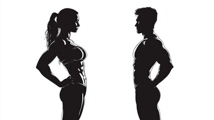Silhouettes of a woman and man facing each other during a fitness exhibition