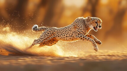 Obraz premium 3D cheetah in mid-run with a soft pastel background on the right, symbolizing speed and agility in the wild, style of