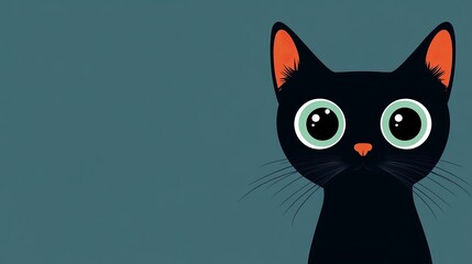 A curious black cat with large eyes against a solid colored background