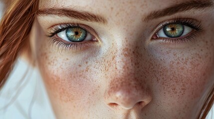 Fototapeta premium Close-up of a Woman's Face with Green Eyes and Freckles