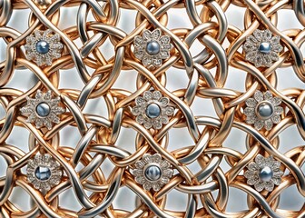 A delicate, intricately woven pattern of interlocking geometric shapes in metallic silver and rose gold, punctuated by subtle gemstones.