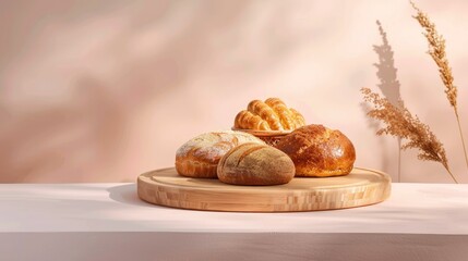 Product presentation on light gradient background with wooden podium showcasing bakery items.