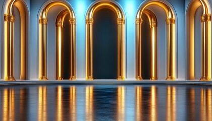 Obraz premium Reflective Golden Arched Columns in a Hallway