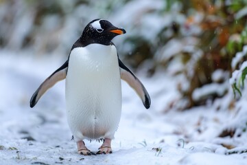Fototapeta premium Detailed Full-Body Shot of Adélie Penguin Walking on Snow in Antarctica, Back View
