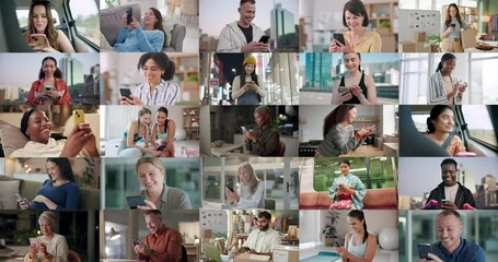 Collage, people and smartphone with typing, technology and internet for social media. Group, men and women with cellphone, montage and digital app for network, communication and diversity with mobile - Powered by Adobe