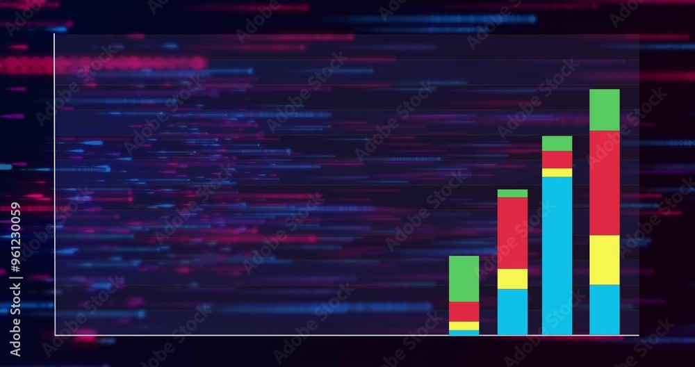 Poster colorful bar graph animation over fast-moving digital data lines in blue and red