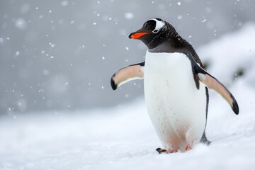 Fototapeta premium Detailed Full-Body Shot of Adélie Penguin Walking on Snow in Antarctica, Back View