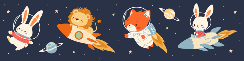 Set of flat vector illustrations in children's style on space theme. Cute rabbit, lion and fox in space on space rocket in spacesuit, stars and planets. Vector illustration © Alena