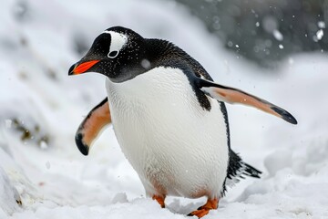 Fototapeta premium Detailed Full-Body Shot of Adélie Penguin Walking on Snow in Antarctica, Back View