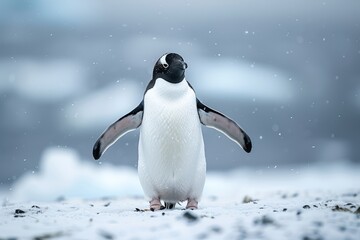 Obraz premium Detailed Full-Body Shot of Adélie Penguin Walking on Snow in Antarctica, Back View