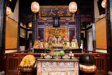 Kaohsiung, Taiwan- August 19, 2024: The main hall of the Martial God Temple in Tainan, Taiwan, enshrined statues of Guan Sheng Di Jun.