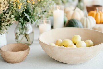 Cozy Autumn Harvest Table Setting with Seasonal Decorations and Fresh Produce in a Serene Evening Light