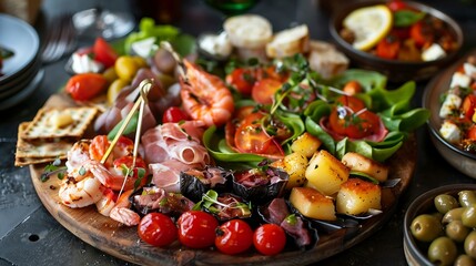 Antipasto platter with salami, prosciutto, olives and mozzarella on wooden background