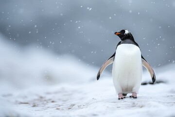 Obraz premium Detailed Full-Body Shot of Adélie Penguin Walking on Snow in Antarctica, Back View