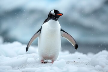 Fototapeta premium Detailed Full-Body Shot of Adélie Penguin Walking on Snow in Antarctica, Back View