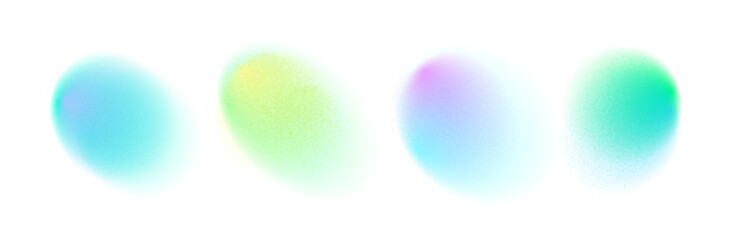 Set green circle gradient noise gradation. Abstract colorful watercolor blur mesh shape on white background. Gradient aura, grain neon blob with noise effect. Vector illustration